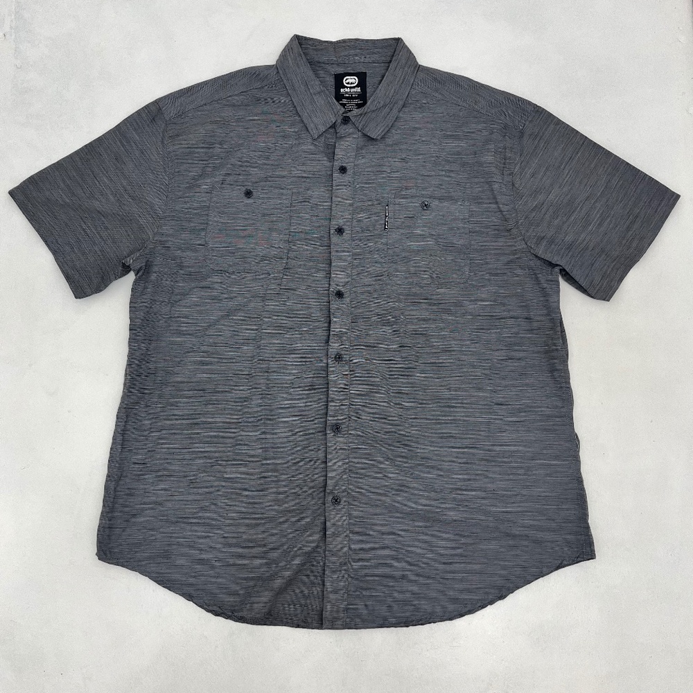 Ecko Unltd Men’s 2XL Shirt Charcoal Gray Black Stripe Short Sleeve‎ Button Down